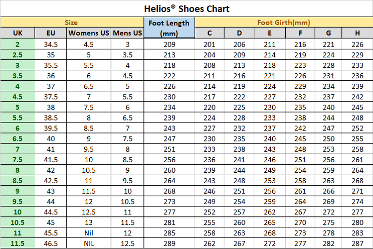 Helios Shoes Size Chart